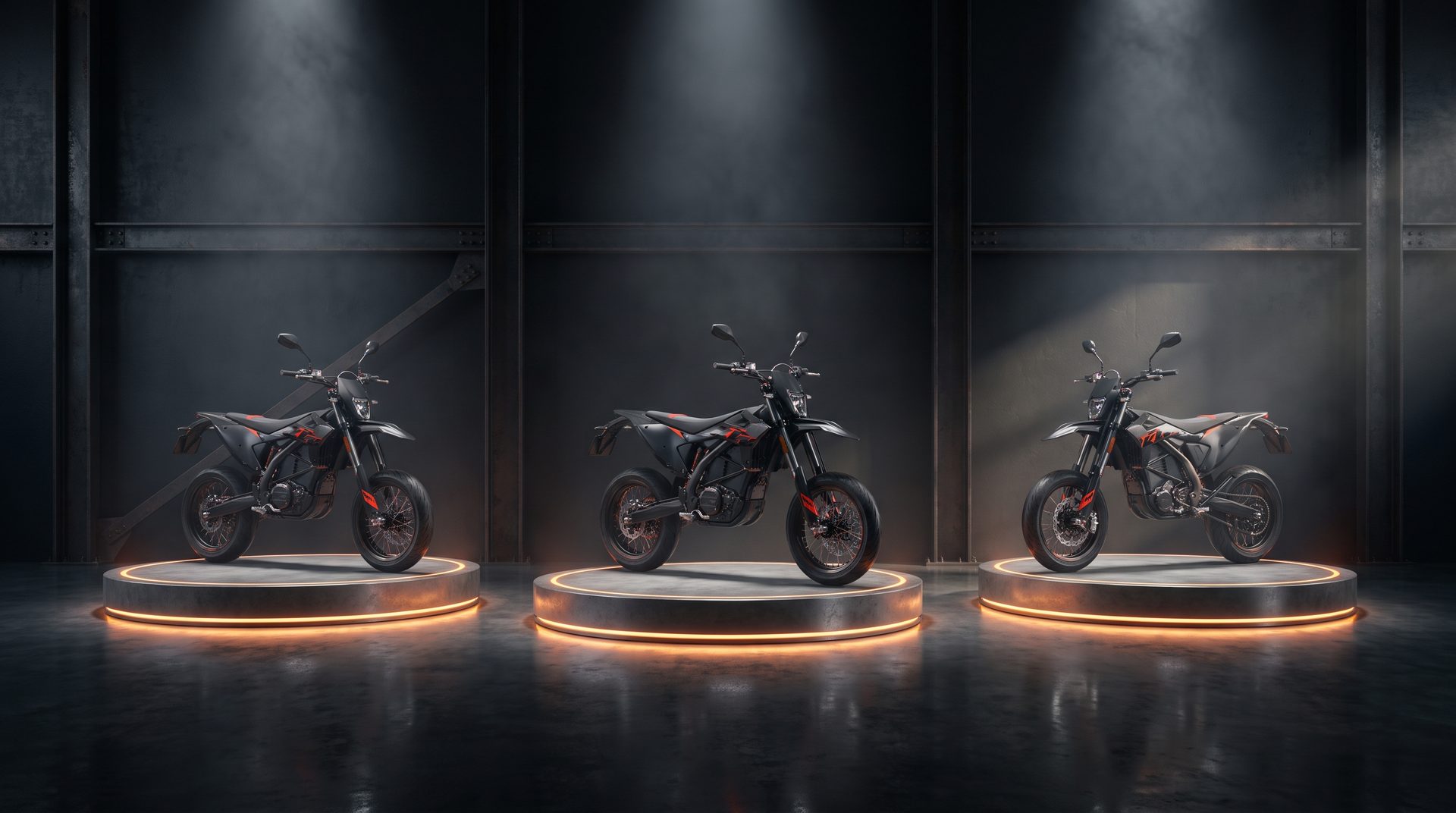 Trzy elektryczne motocykle terenowe Bowzer na podświetlonych podestach w ciemnym, industrialnym garażu