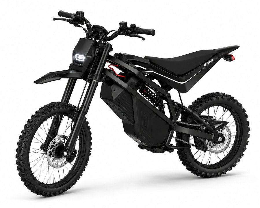 Elektryczny motocykl terenowy Bowzer EM23 w kolorystyce czarno-czerwonej, ujęcie 3/4 od przodu