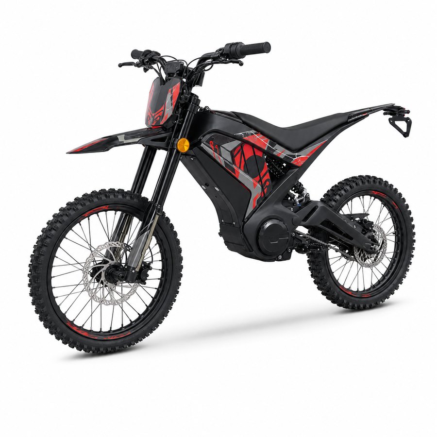 Elektryczny motocykl terenowy Bowzer EM26 w czerni z akcentami, ujęcie 3/4 od przodu