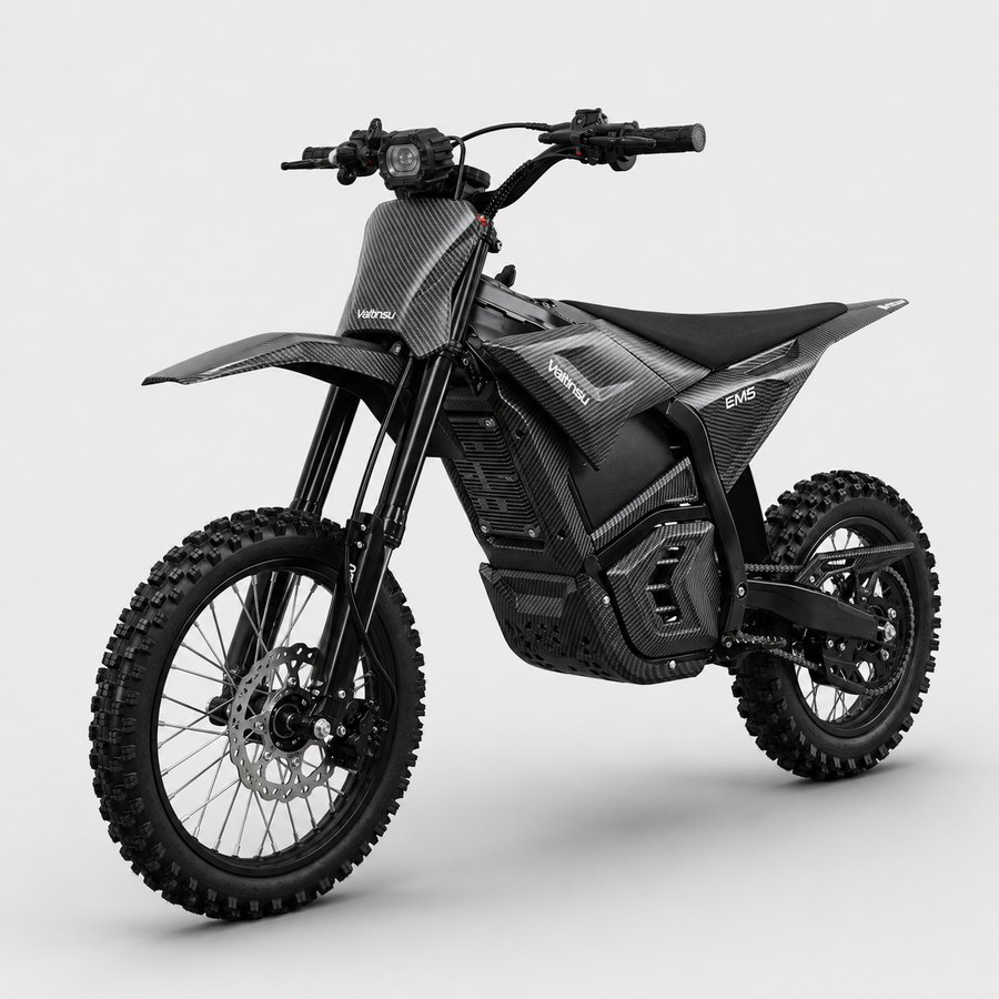 Elektryczny motocykl terenowy Bowzer EM5 w wersji karbonowej, ujęcie 3/4 od przodu