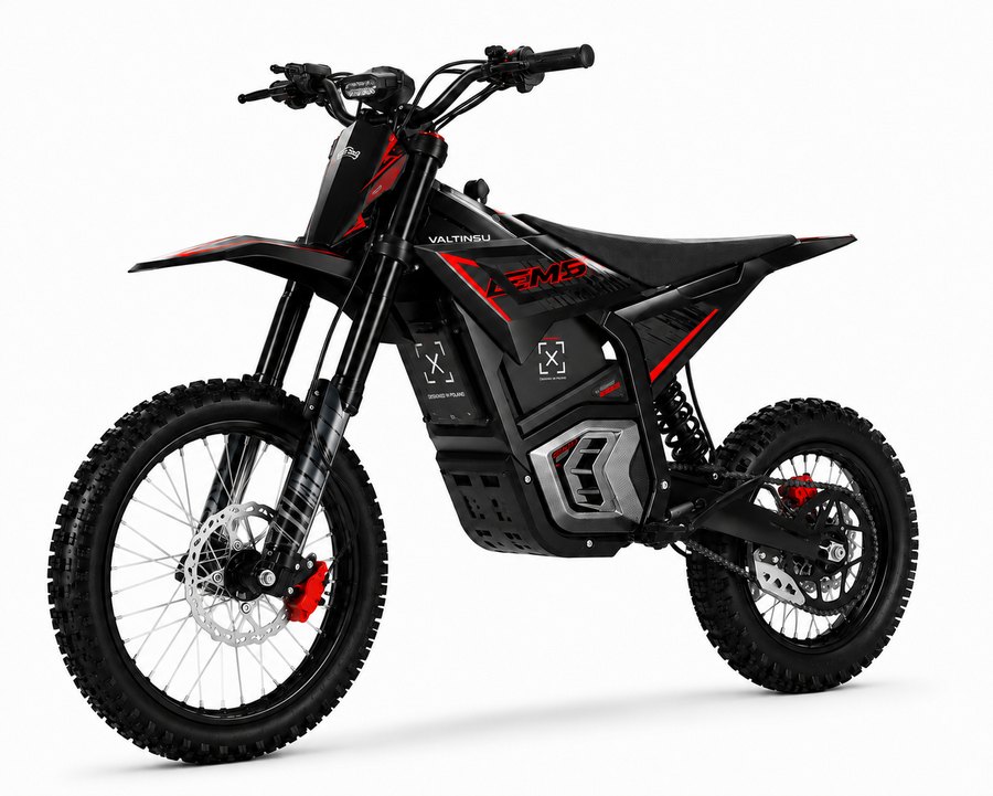 Elektryczny motocykl terenowy Bowzer EM5 Pro w kolorze czarno-czerwonym, ujęcie 3/4 od przodu